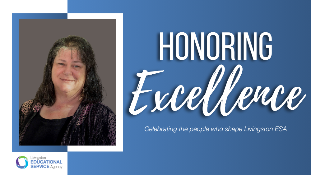 A promotional graphic featuring a portrait of a smiling woman named Dawn Eagleton next to white text on a blue background that reads "HONORING Excellence: Celebrating the people who shape Livingston ESA," with the Livingston Educational Service Agency logo in the bottom left corner.