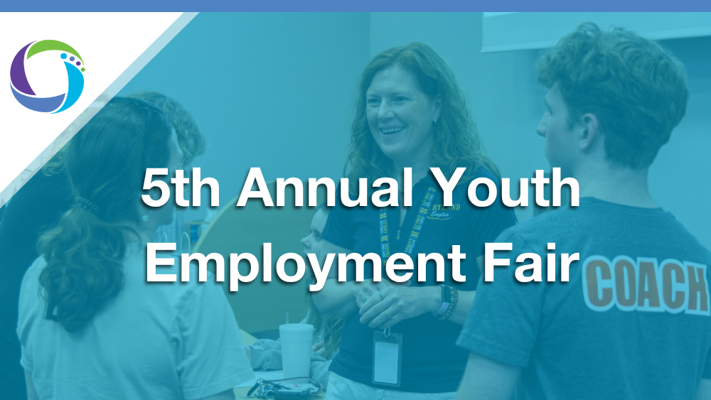 Text overlay "5th Annual Youth Employment Fair" over a light blue tinted photo of a women smiling as she talks to two young adults. 