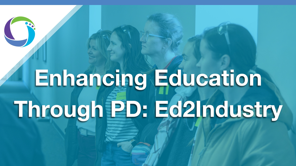 Image of five woman standing in a row against a wall, looking at someone we can't see. All appear to be in thought or smiling. Over the image is a light blue opaque overlay with the title: Enhancing Education Through PD: Ed2Industry.