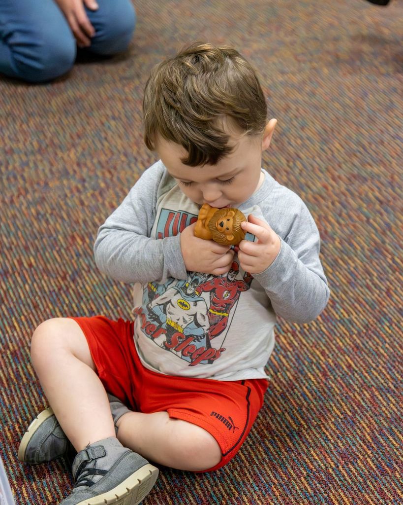 Child kissing a toy lion
