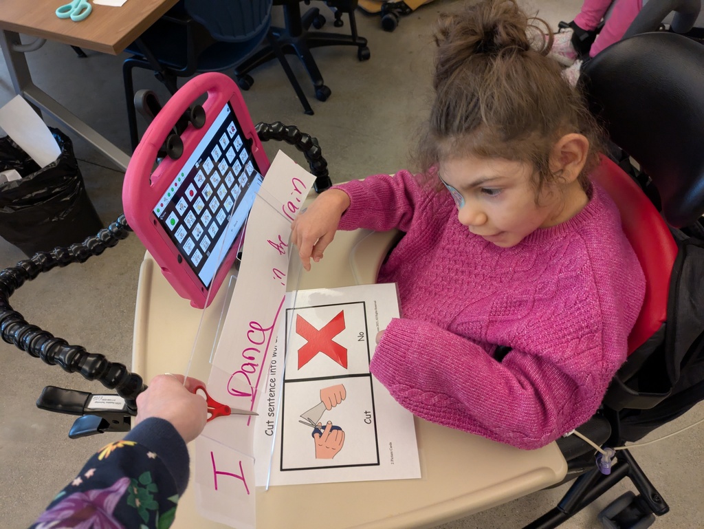 Student using a sentence frame to help hold the sentence strip.
