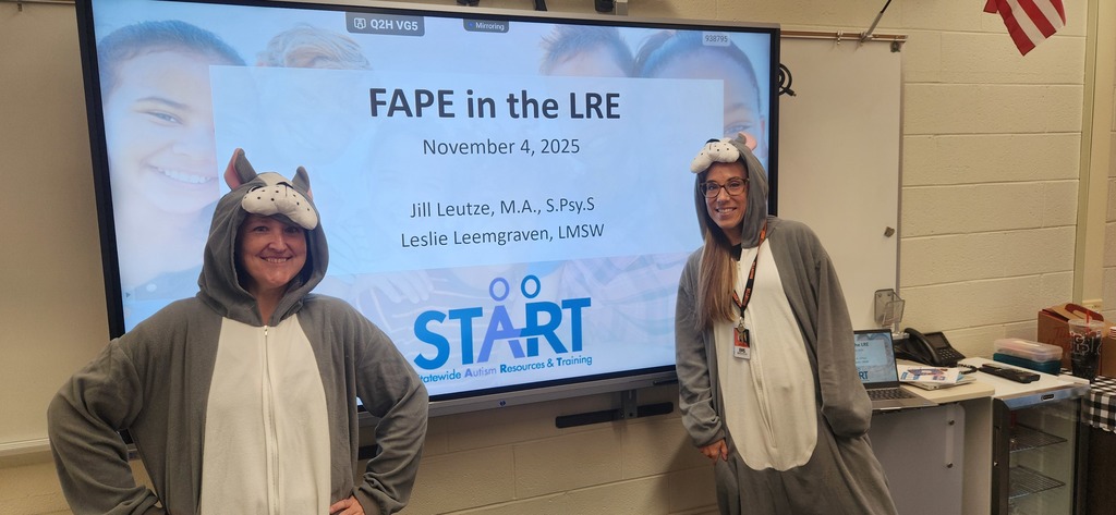 LESA (Brighton) Behavior Consultant and Autism Consultant provide professional development to staff...wearing Bulldog costumes.  The message? Advocate for students like a Bulldog!