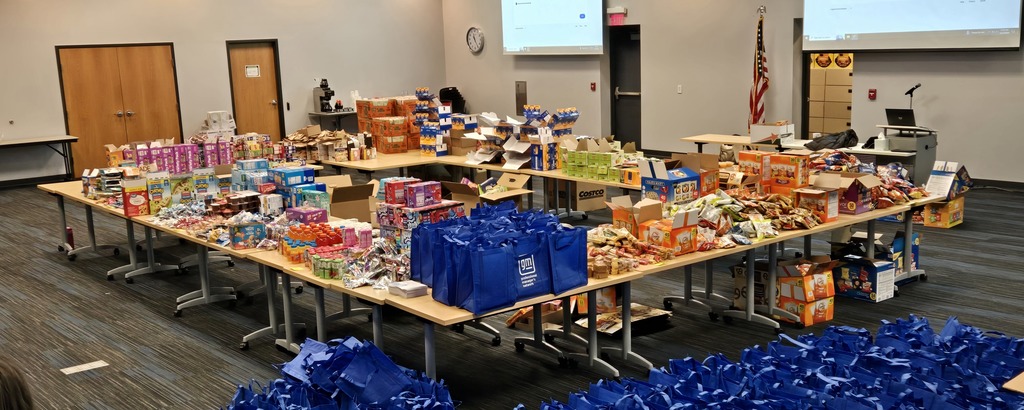 Snacks organized on tables. 