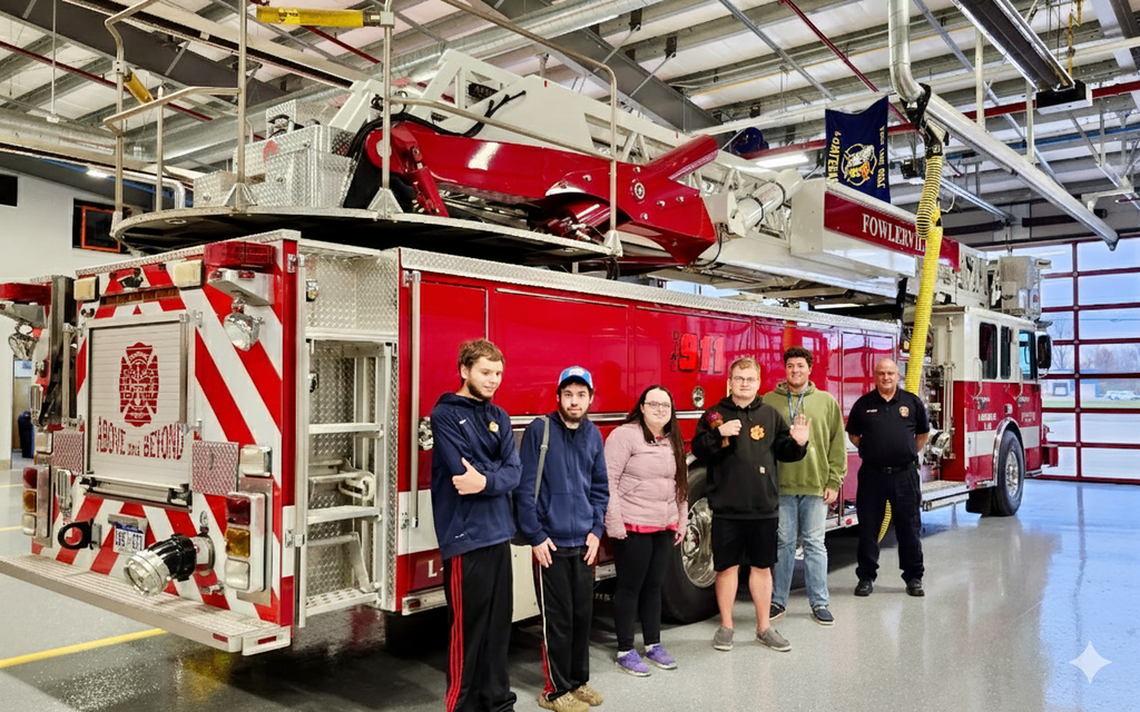 A group of learners with a fireman standing in front of a firetruck, inside of the fire department.