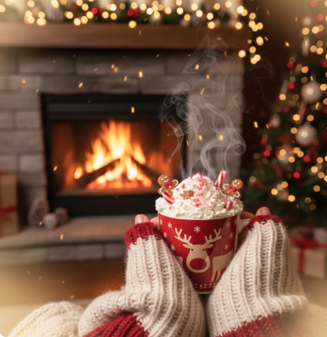 woman holding hot chocolate near a fire 