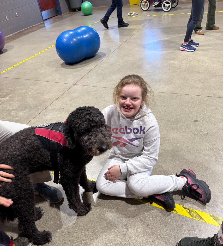 Students participating in adaptive physical education with therapy dog