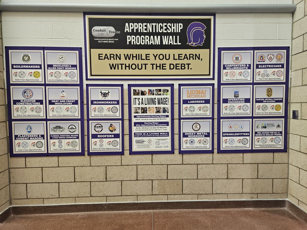 Wall at Fowlerville High School that contains information about apprenticeship programs