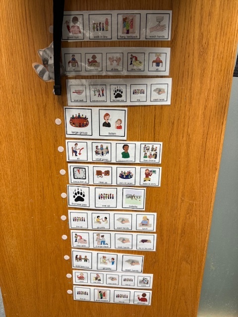 A classroom door displaying a visual schedule with picture cards that show both daily routines and the steps within each routine for preschool children.