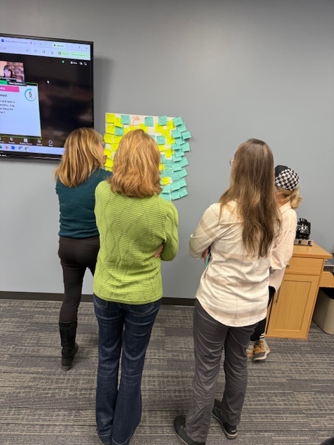 A group of instructional coaches gathered around multiple posters on the wall, discussing and adding ideas using sticky notes.