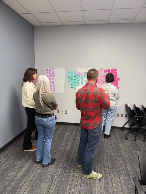 A group of instructional coaches gathered around multiple posters on the wall, discussing and adding ideas using sticky notes.