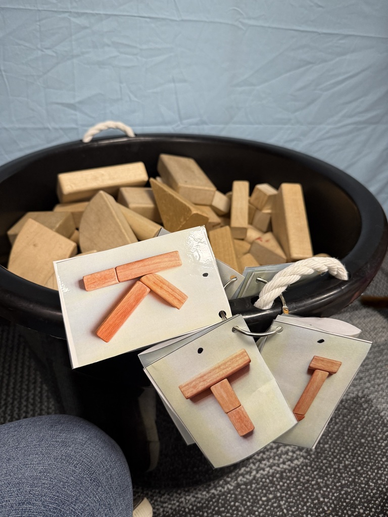 Wooden blocks in a tub with ring cards showing letters made from blocks.