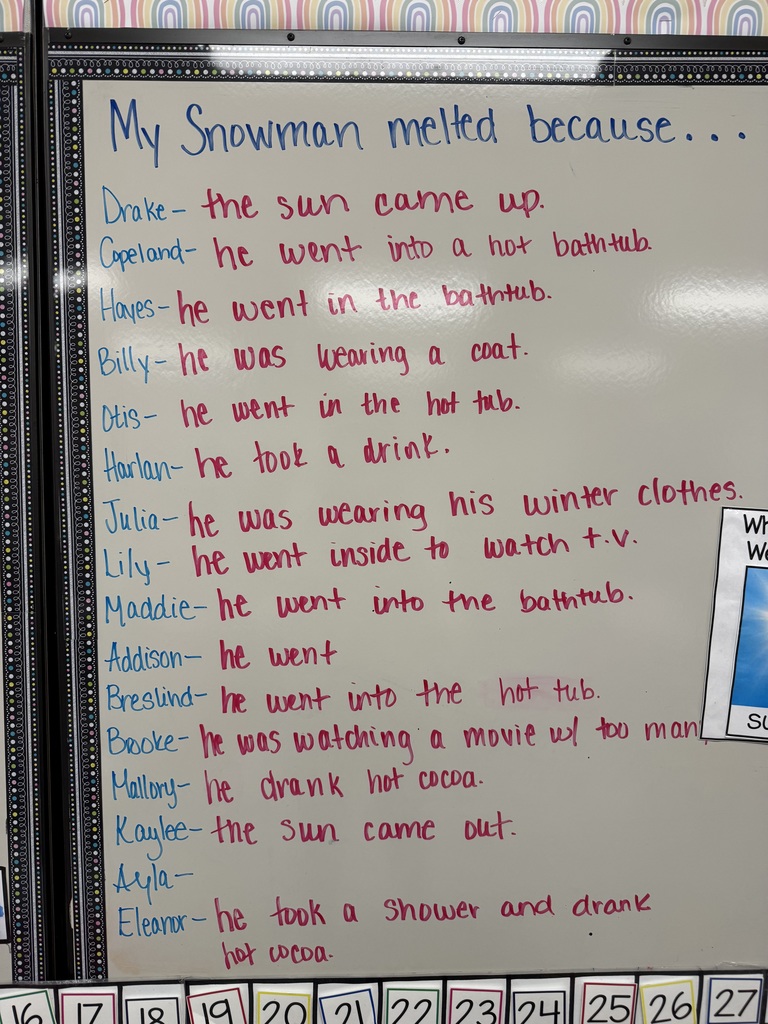 Whiteboard with the prompt “My snowman melted because…” and preschoolers’ dictated responses written after reading Sneezy the Snowman.