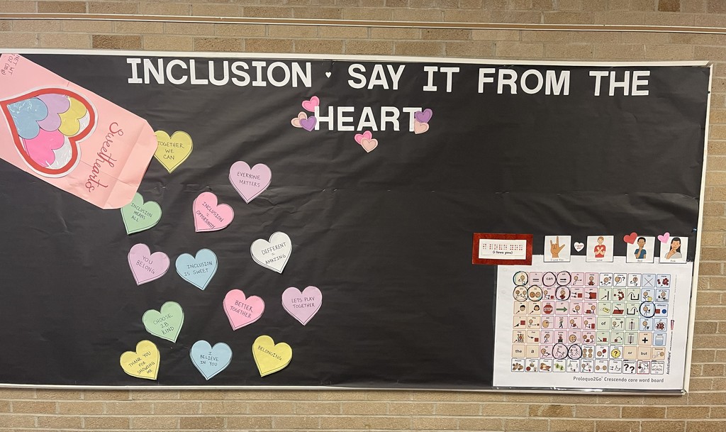 Bulletin board representing Valentines Day and Inclusion. 