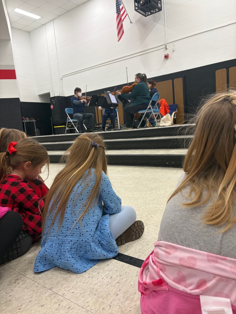 Preschool students sit together on the floor, watching and listening to an orchestra perform during a school assembly.