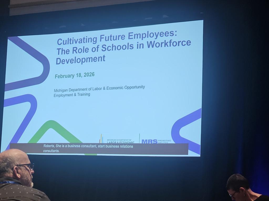 Picture of a screen that has a slide presentation titled Cultivating Future Employees: The Role of Schools in Workforce Development 