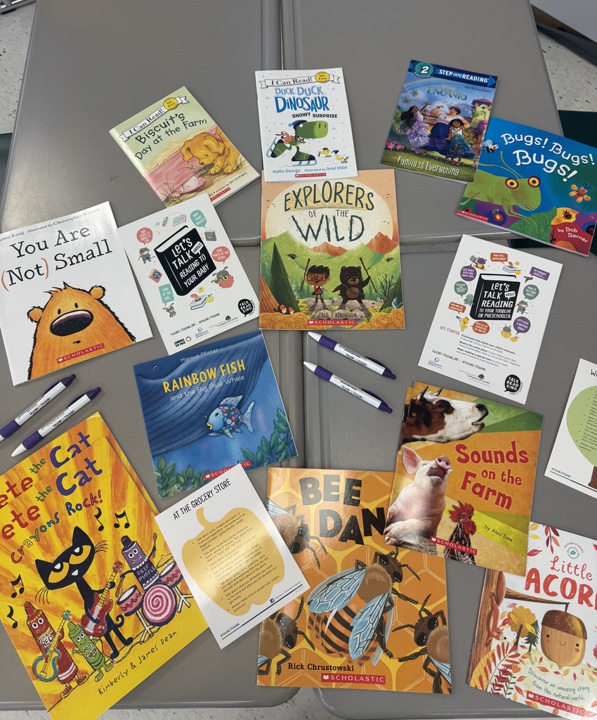 Lots of kids books sitting on top of four desks. 