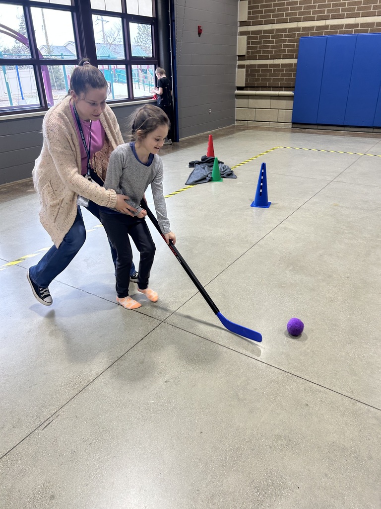 staff helping a student play hockey