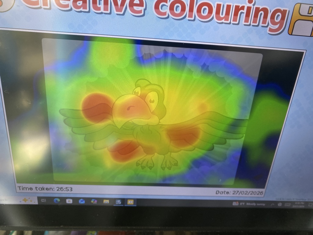 A screenshot of a heat map visual from an eye gaze coloring game showing three major hot spots and access to all areas of the screen. 