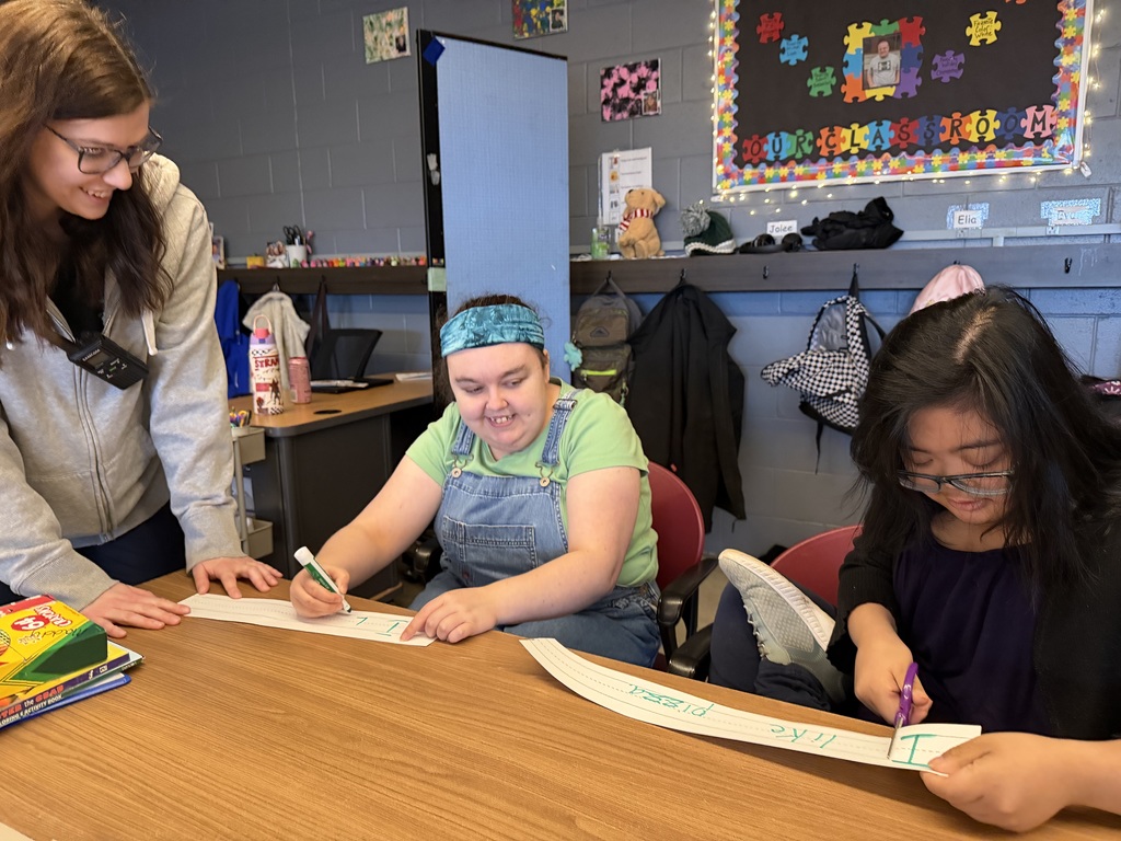 Two young adult learners working with sentence strips at a table. 