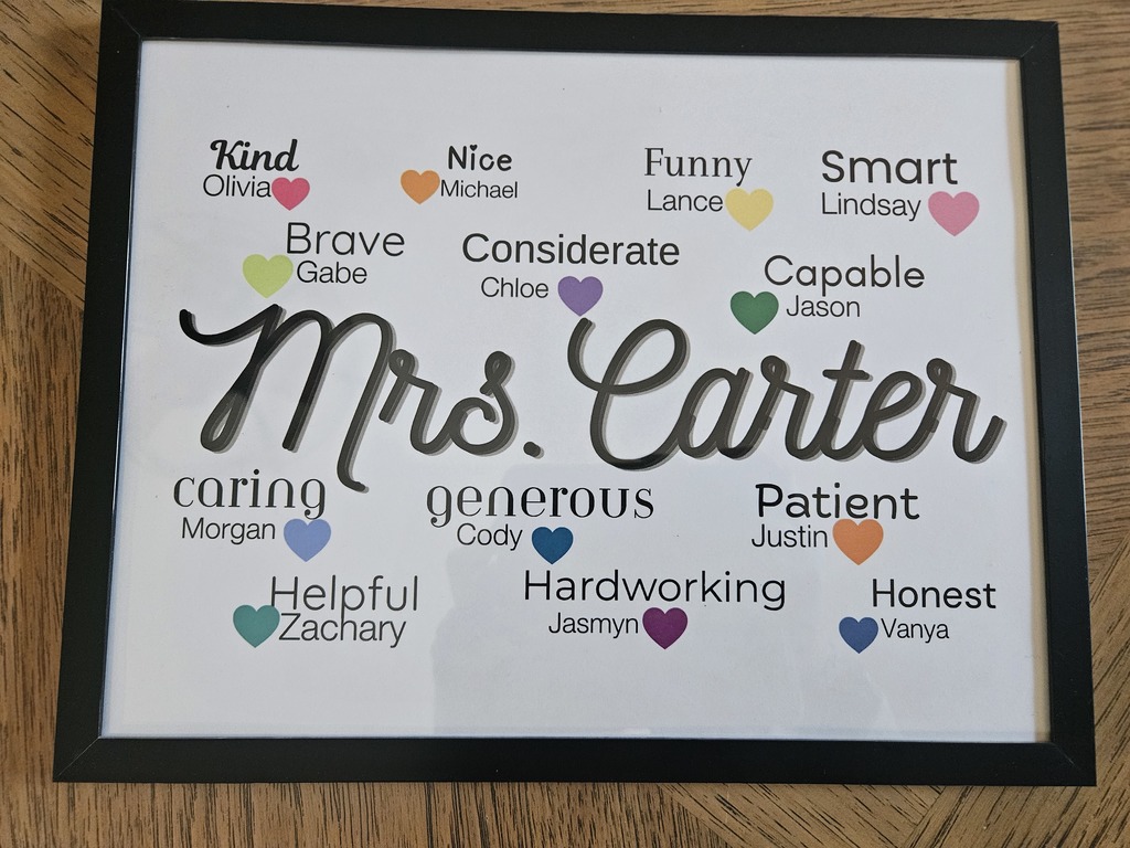 A framed piece of wall art dedicated to "Mrs. Carter." The design features several colorful hearts, each paired with a student's name and a positive attribute, such as "Kind Olivia," "Smart Lindsay," and "Brave Gabe."