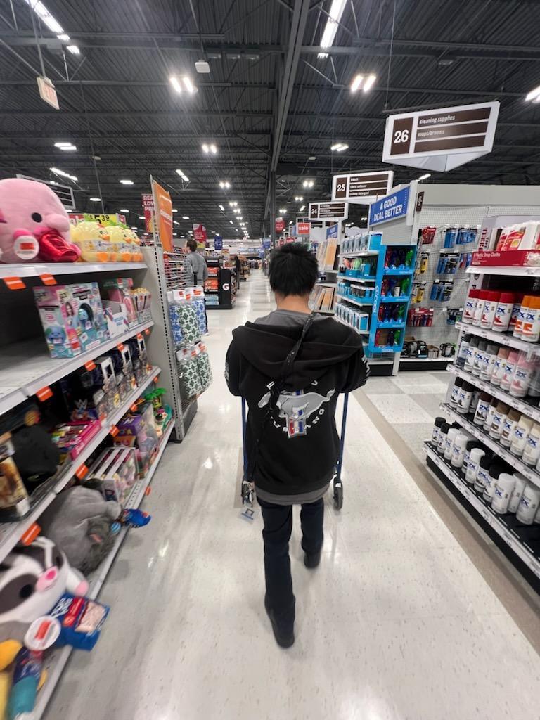 A person wearing a black "Mustang" hoodie pushes a blue shopping cart down a long aisle filled with toys and household supplies. The store's high ceiling and industrial lighting are visible.