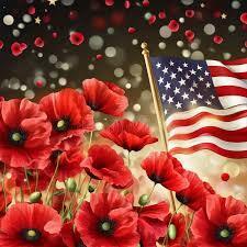Image of American Flag with poppy flowers.