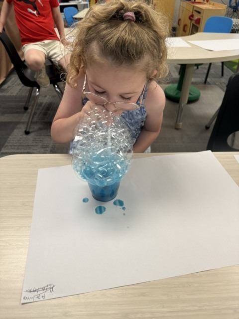 A preschooler wearing glasses carefully blows bubbles through a straw into a blue liquid mixture during a science experiment.