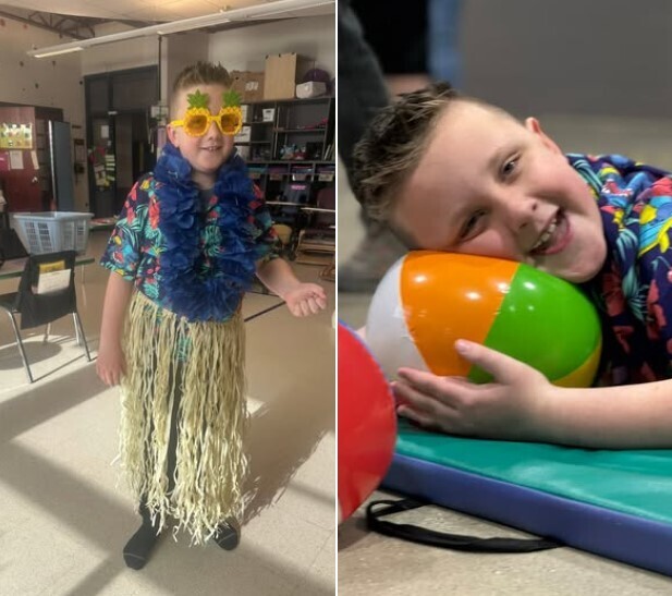 2 photos side by side, one with a boy wearing a hawaiian shirt, pineapple sunglasses, a blue lei, and a grass skirt and the second photo is the same boy laying his head on a beach ball with a big smile
