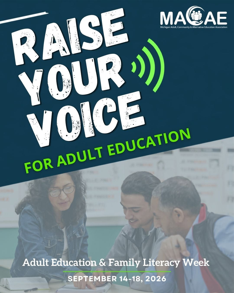 Promotional graphic for Adult Education & Family Literacy Week, September 14-18, 2026, featuring the MACAE logo and bold text saying "Raise Your Voice for Adult Education" over an image of three adults studying together.