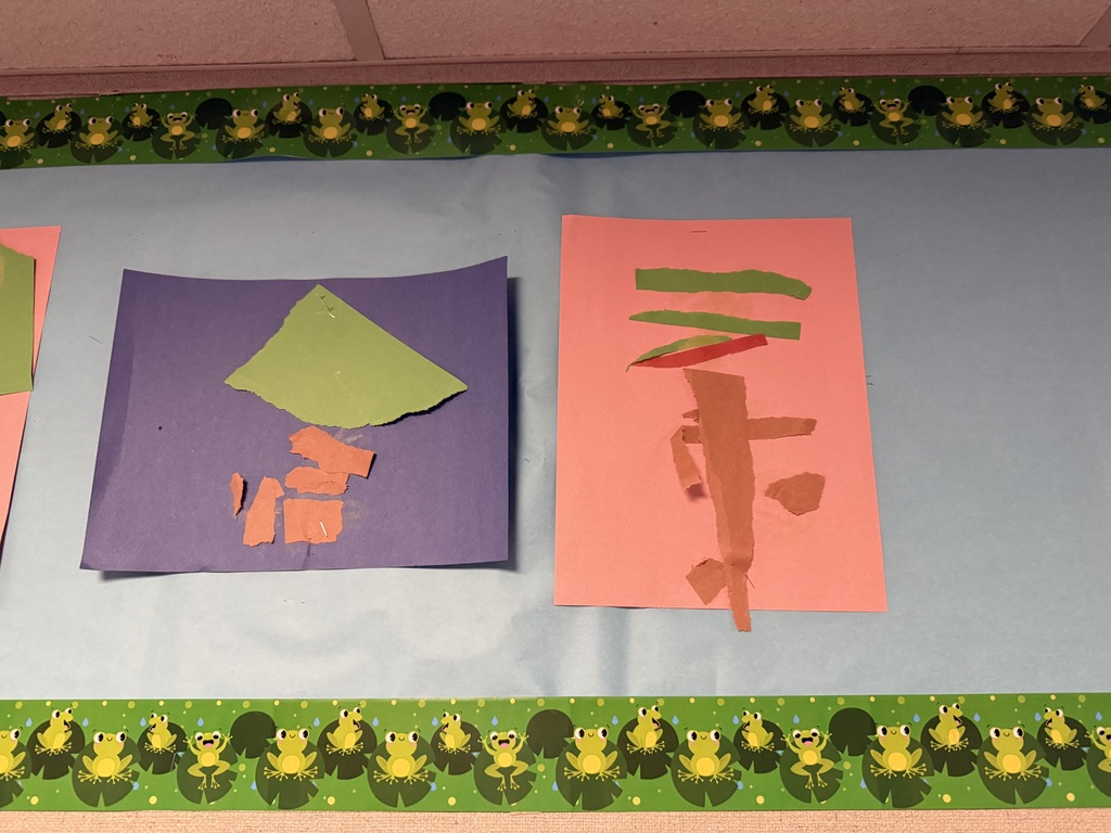 Two preschool tree collages made with torn paper on purple and pink backgrounds.
