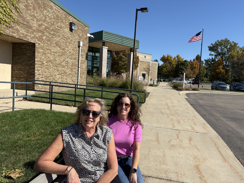 Two women wearing sunglasses sit outside a brick building on a sunny day. One wears a black-and-white animal-print sleeveless top, and the other wears a bright pink shirt. An American flag waves nearby under a clear blue sky, with trees and parked cars in the background.