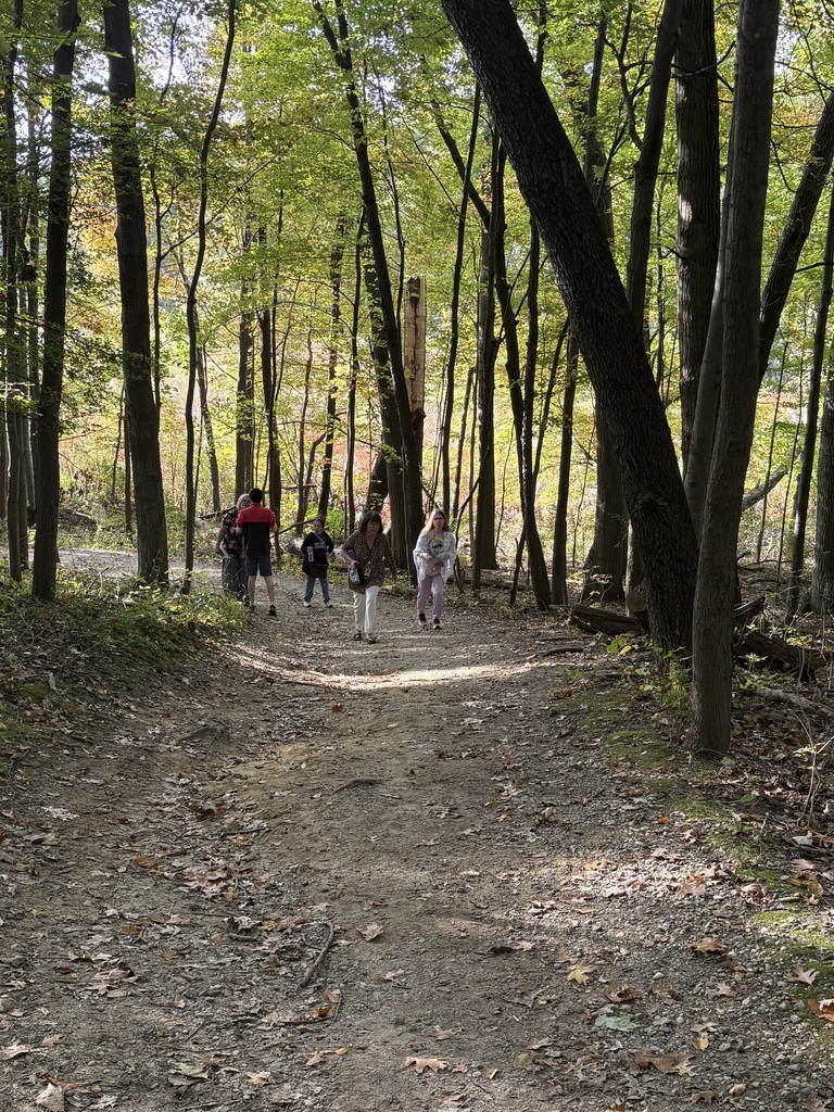 A group of students and instructors walking along a dirt trail through a shaded forest with tall trees and autumn leaves on the ground.