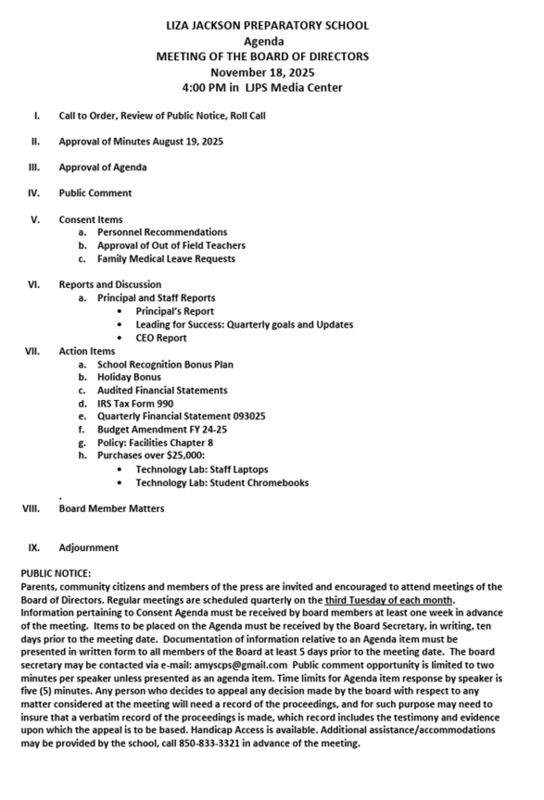 Board meeting agenda