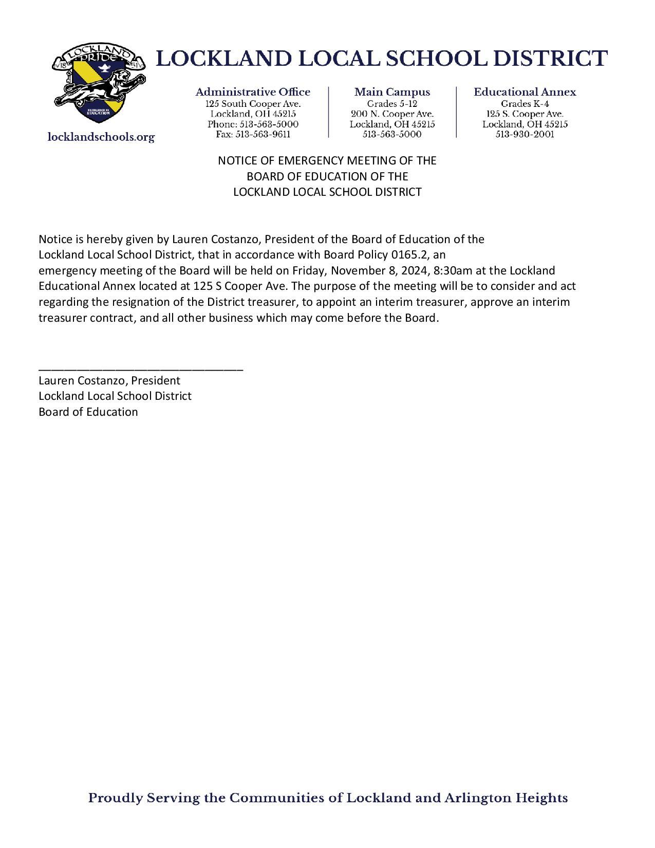 Notice of 11/8/2024 Emergency Meeting Plus Agenda | Lockland