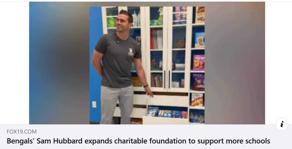 Sam Hubbard in front of a cubboard screenshot from fox 19 news article