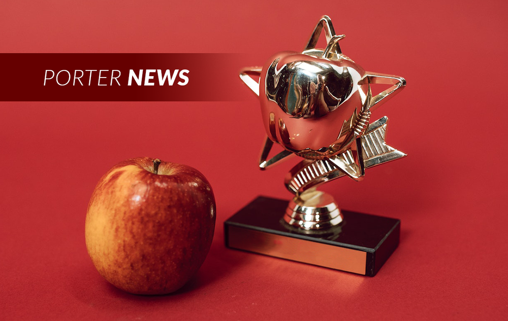 Recognizing our staff retiring and showcasing a graphic including an apple and an a trophy