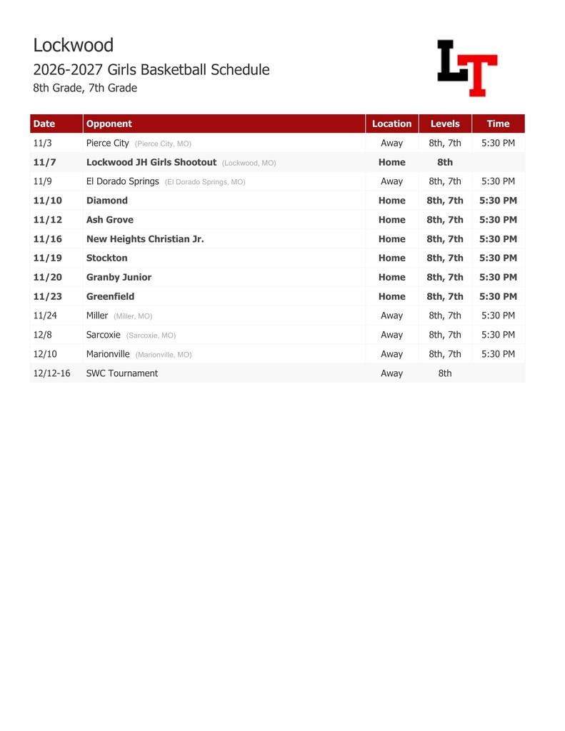 JH Girls Basketball Schedule 