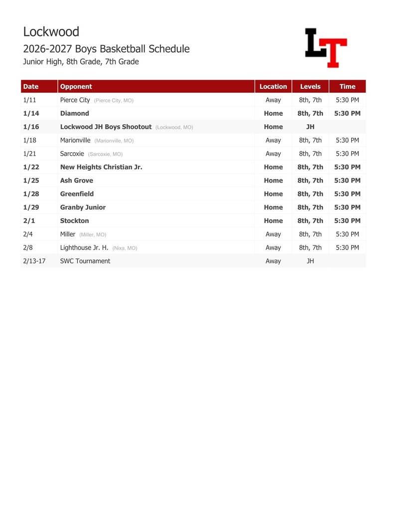 JH Boys Basketball Schedule 