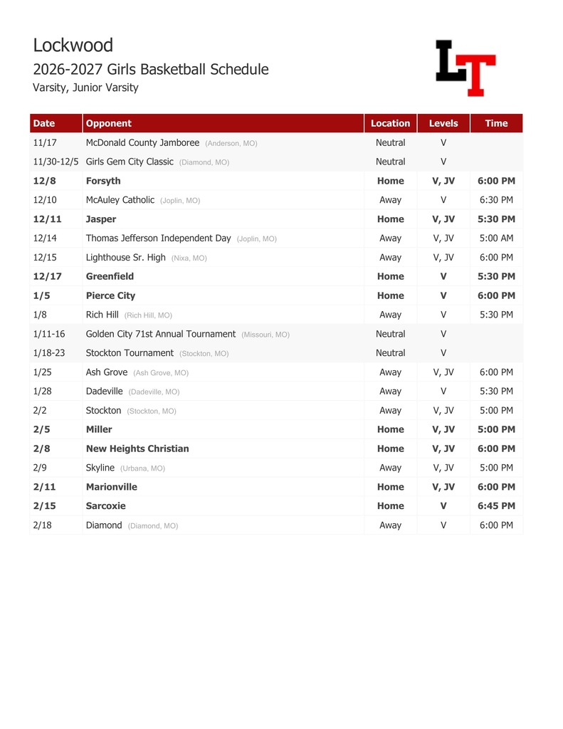 HS Girls Basketball Schedule