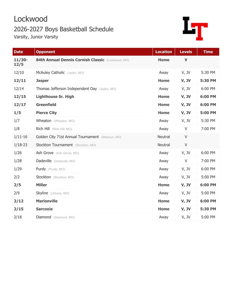 HS Boys Basketball Schedule