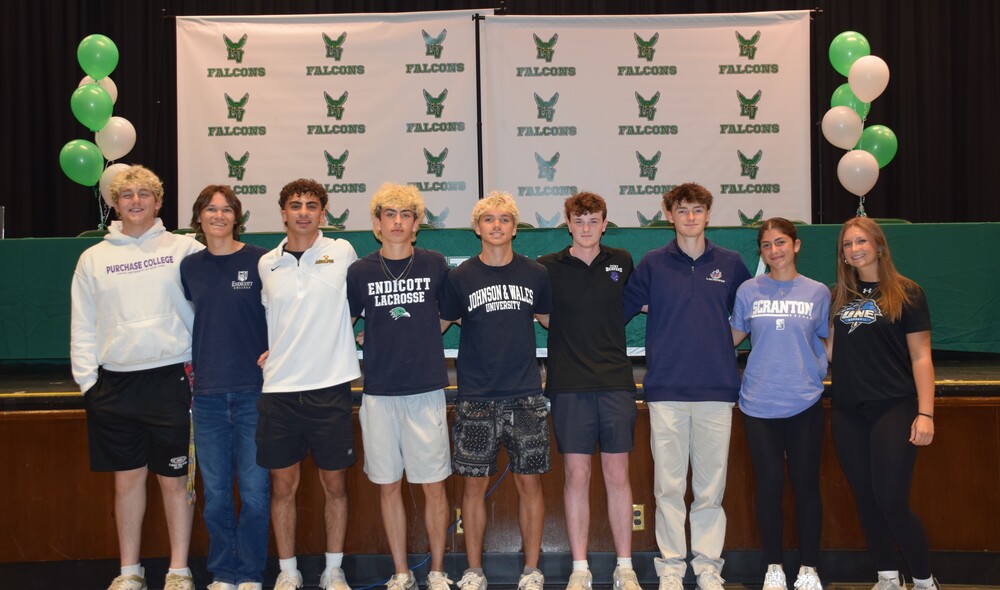 Locust Valley High School seniors Dean Wolfe, Jake Lamb, Stefano Linardos, Byron Hafner, Gavin Boyd, Ryan Sullivan, William Summers, Alyssa Ciminiello and Emma Tonner signed letters of intent to play collegiate sports on May 28, 2026.