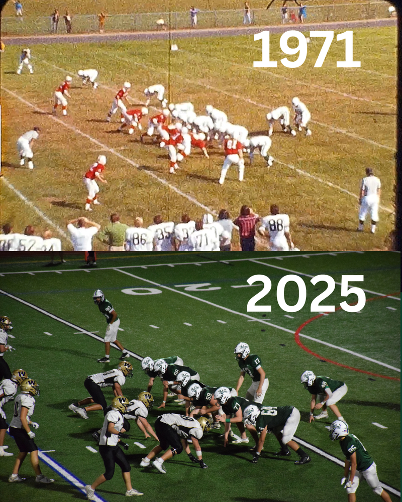 The Locust Valley Falcons varsity football team in 1971 and 2025.