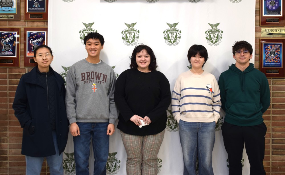 Locust Valley High School students Grace Choi, Justin Kwok, Evie Bergman, Abigail Vuong and Grant Creedon (left to right) were named 2026 National Merit Scholarship finalists.