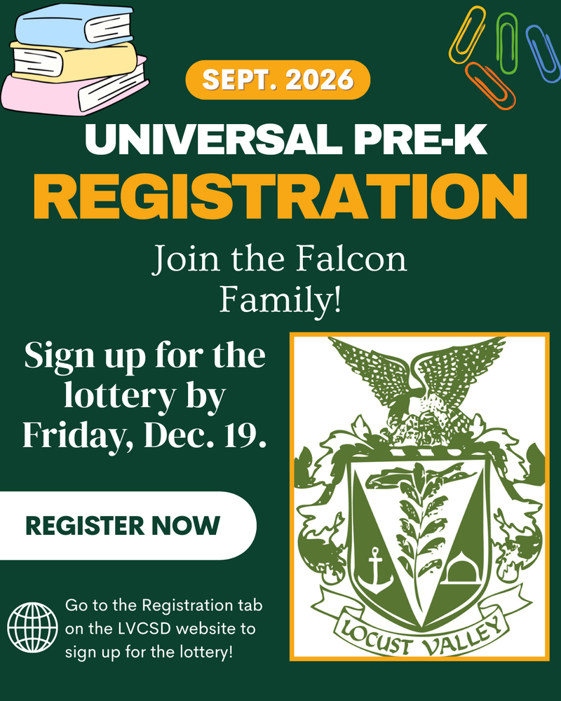 Sept. 2026 Universal Pre-K Registration. Join the Falcon Family! Sign up for the lottery by Friday, Dec. 19. Register Now. Go to the Registration tab on the LVCSD website to sign up for the lottery.