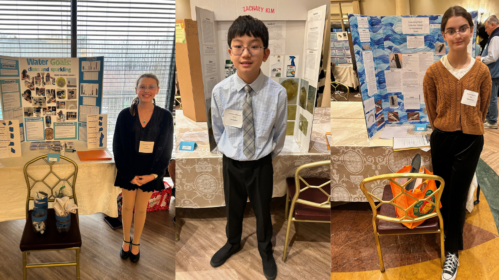 Emilie Baldwin, Zachary Kim and Waverly Shenoy present their science projects at the 2026 LISEF.