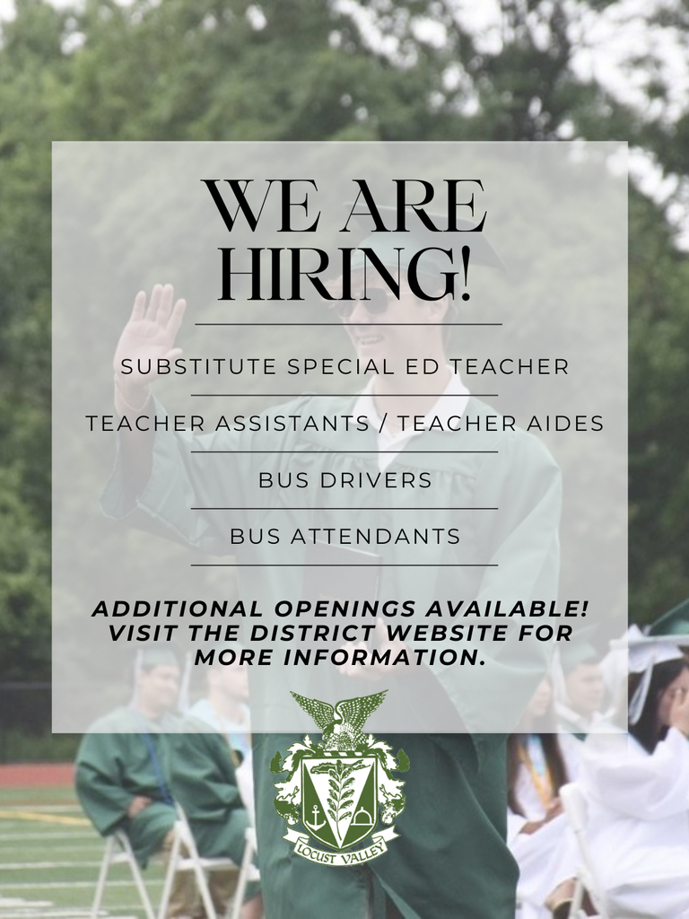 We are hiring! Substitute special ed. teacher, teacher assistants/teacher aides, bus drivers, bus attendants. Additional openings available! Visit the district website for more information.