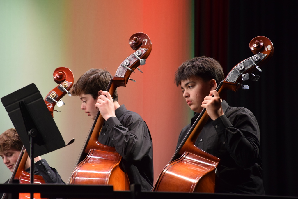 Middle school students play the bass in the winter concert.