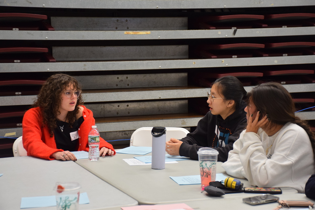 Locust Valley High School alumna Abigail Maselli gives advice to current senior Grace Choi.
