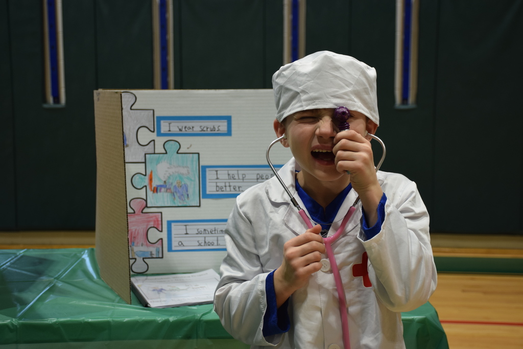 A Bayville Primary second grader showcases his doctor display.