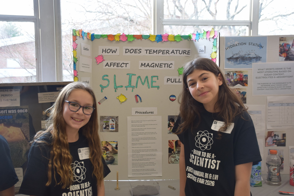 BI fifth graders Kassidy Lorner and Agatha Pileggi won first place for their project: "How Does Temperature Affect Magnetic Slime Pull?"